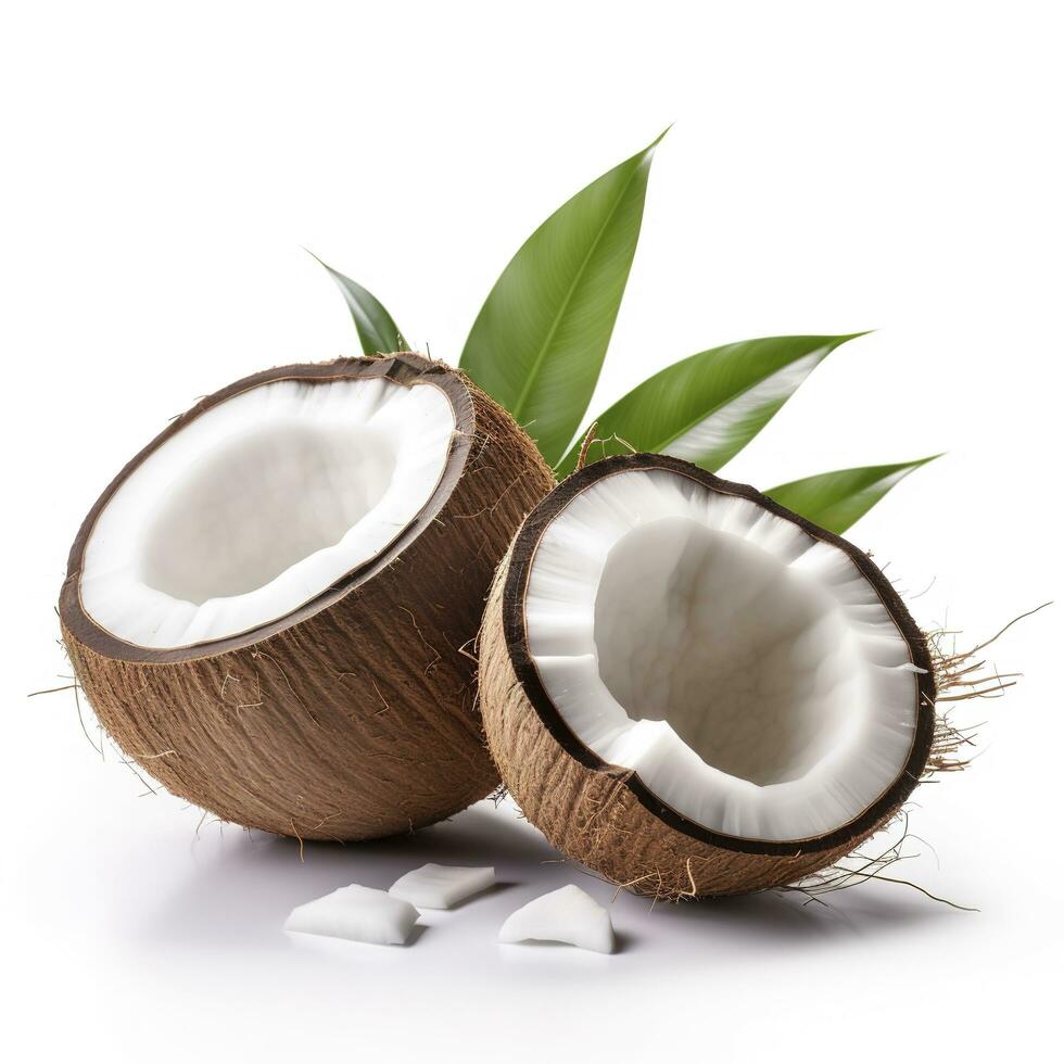Coconut with half and leaves on white background, generate ai photo