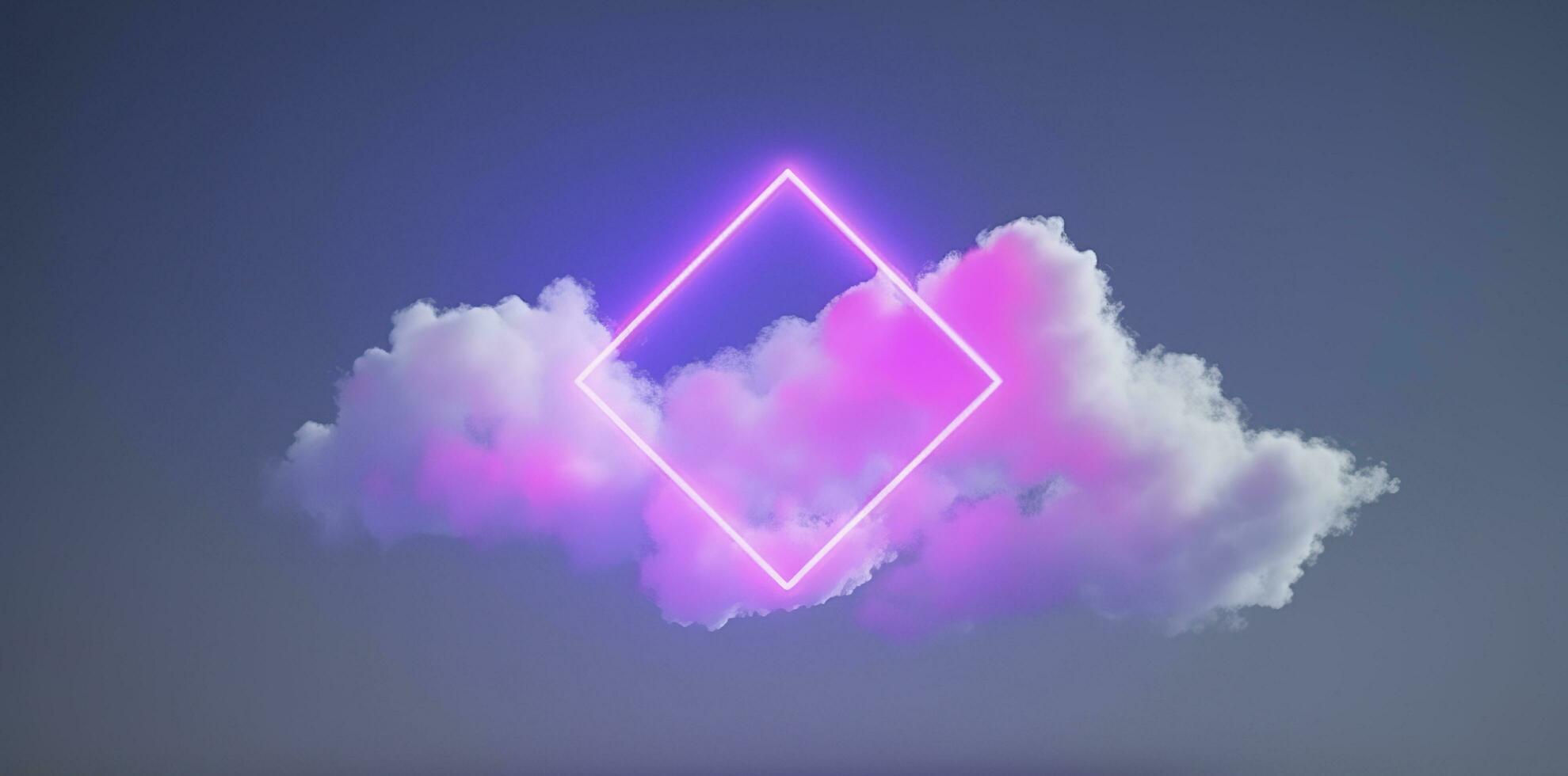 3d render, abstract minimal background with pink blue yellow neon light square frame with copy space, illuminated stormy clouds, glowing geometric shape, generate ai photo