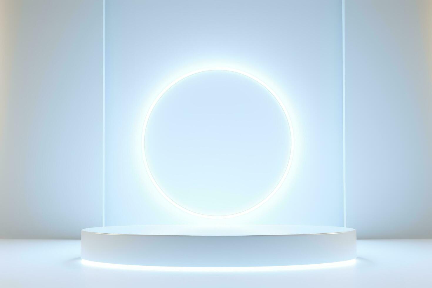 Abstract 3D silver cylinder pedestal podium floating on air with glowing neon ring background. Silver wall scene for product display presentation. rendering geometric platform, generate ai photo