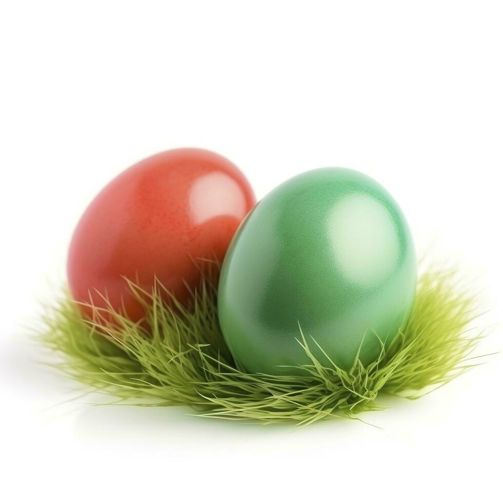 Easter eggs in green grass isolated on white background, generate ai photo