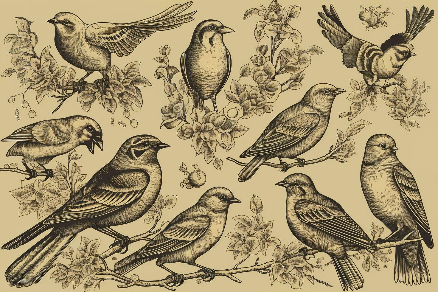 Engraved vintage set of birds elements , generate ai photo