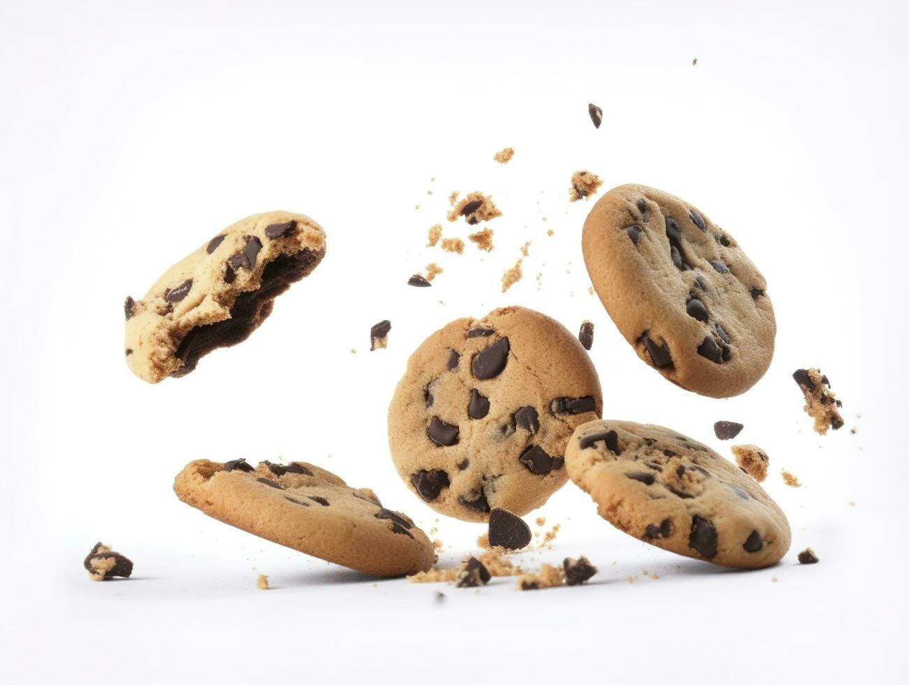 Tasty chocolate chip cookies falling isolated on white background, generate ai photo