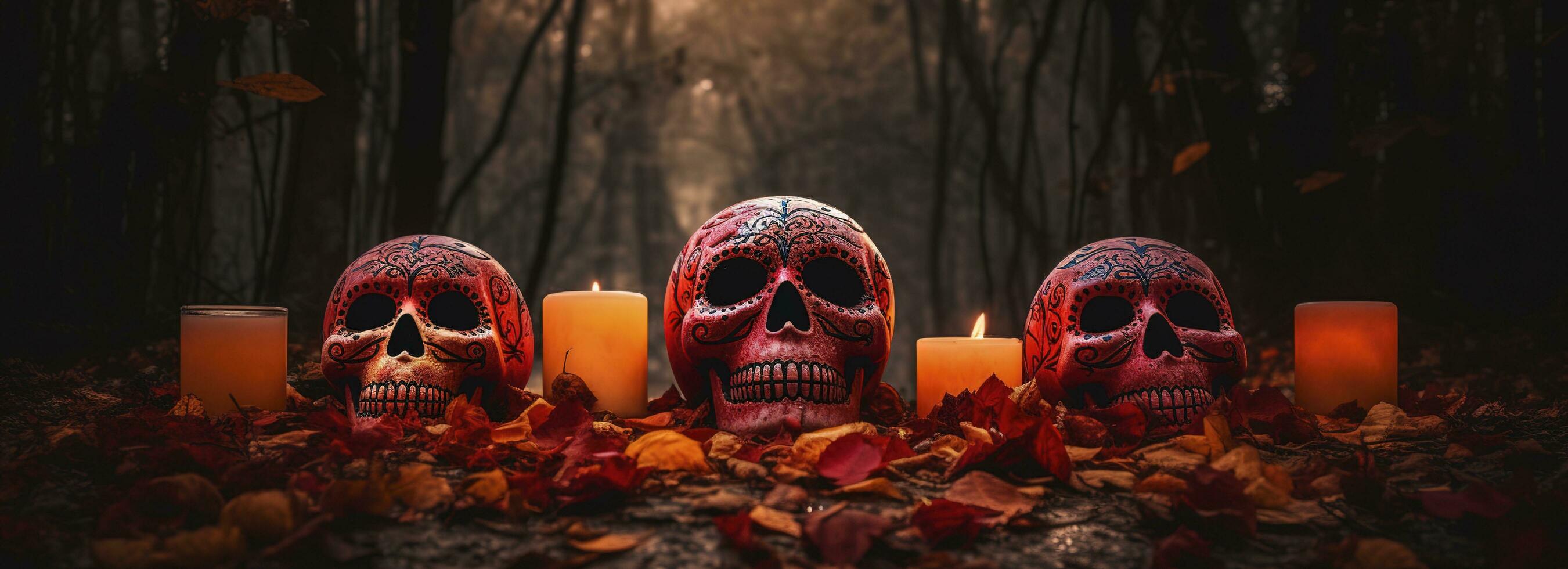 día de el muerto calaveras dia Delaware los muertos. día de el muerto y mexicano Víspera de Todos los Santos antecedentes. mexicano tradicion festival. día de el muerto azúcar cráneo. dia Delaware los muertos, generar ai foto