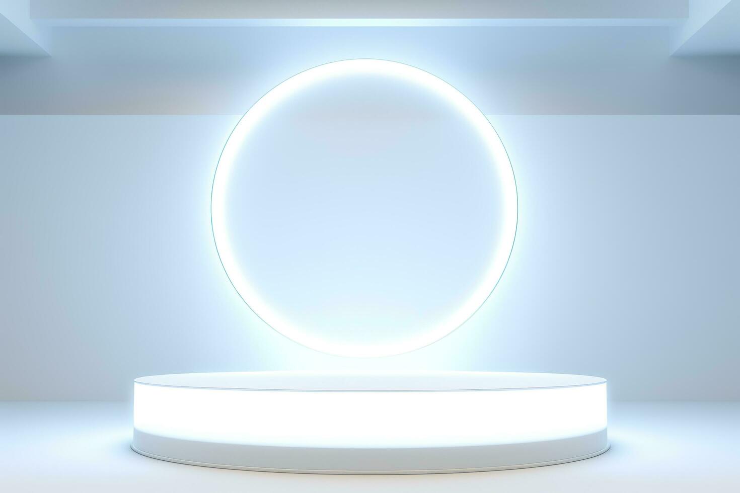Abstract 3D silver cylinder pedestal podium floating on air with glowing neon ring background. Silver wall scene for product display presentation. rendering geometric platform, generate ai photo