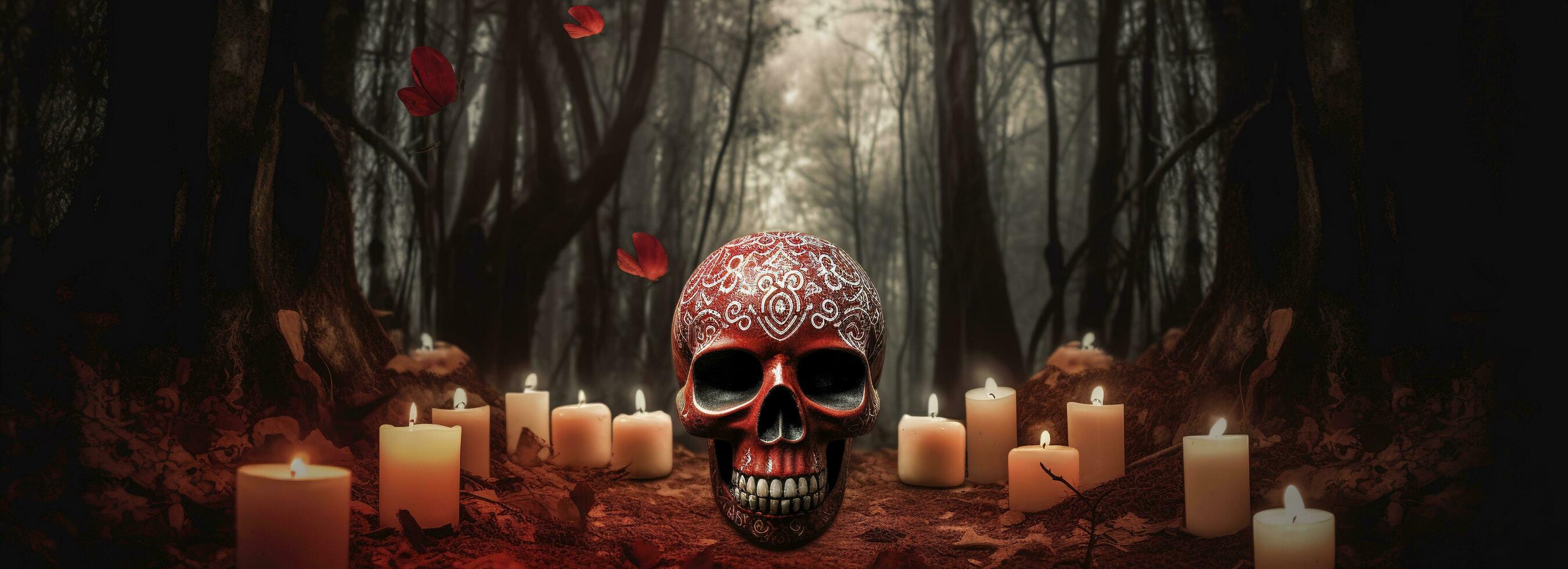 Day of the Dead skulls. Dia de los muertos. Day of the dead and mexican Halloween background. Mexican tradition festival. Day of the dead sugar skull. Dia de los Muertos, generate ai photo