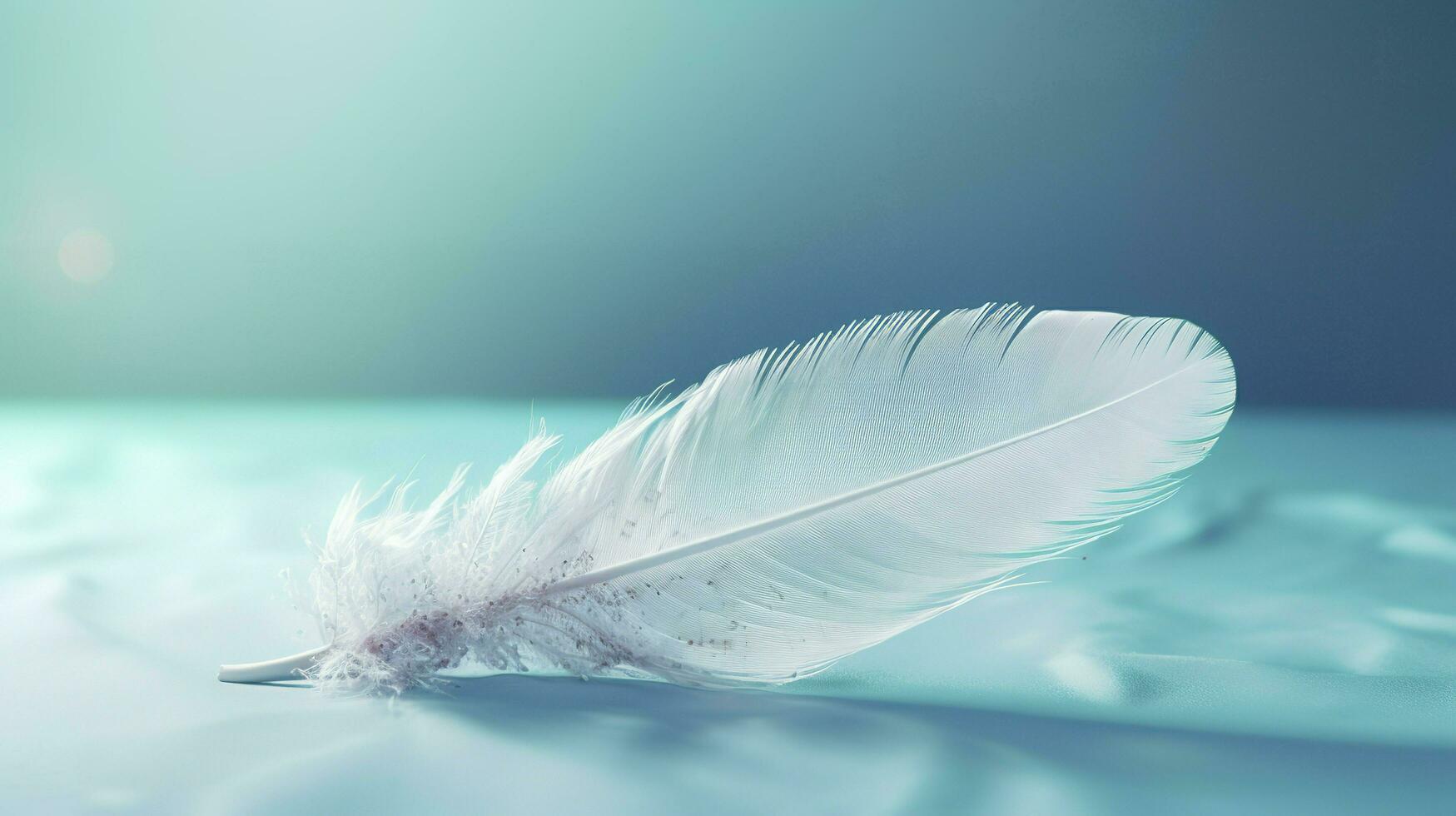 a bright blue background with one white feather, in the style of soft and dreamy pastels, glimmering light effects, nature inspired imagery, fairycore, soft focal points, generate ai photo