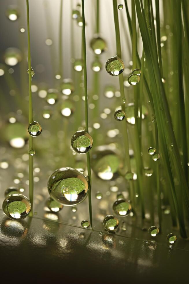 un cerca arriba de césped con Rocío gotas en eso y un borroso antecedentes de el césped y el Dom brillante mediante el gotas de el césped en el césped es un soleado día ligero. generativo ai foto