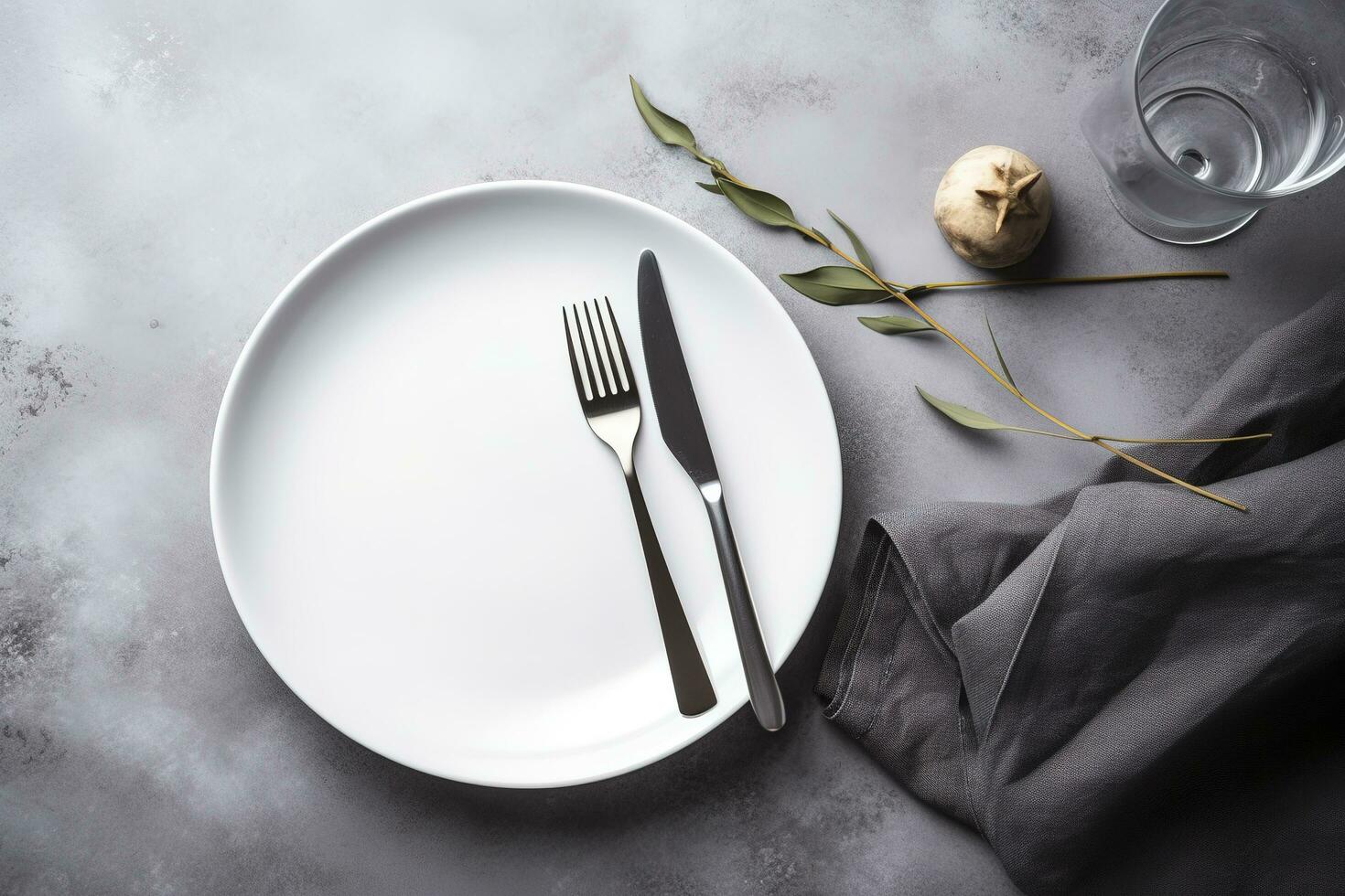 White plate and cutlery on stone table. Table setting, flat lay image, generate ai photo