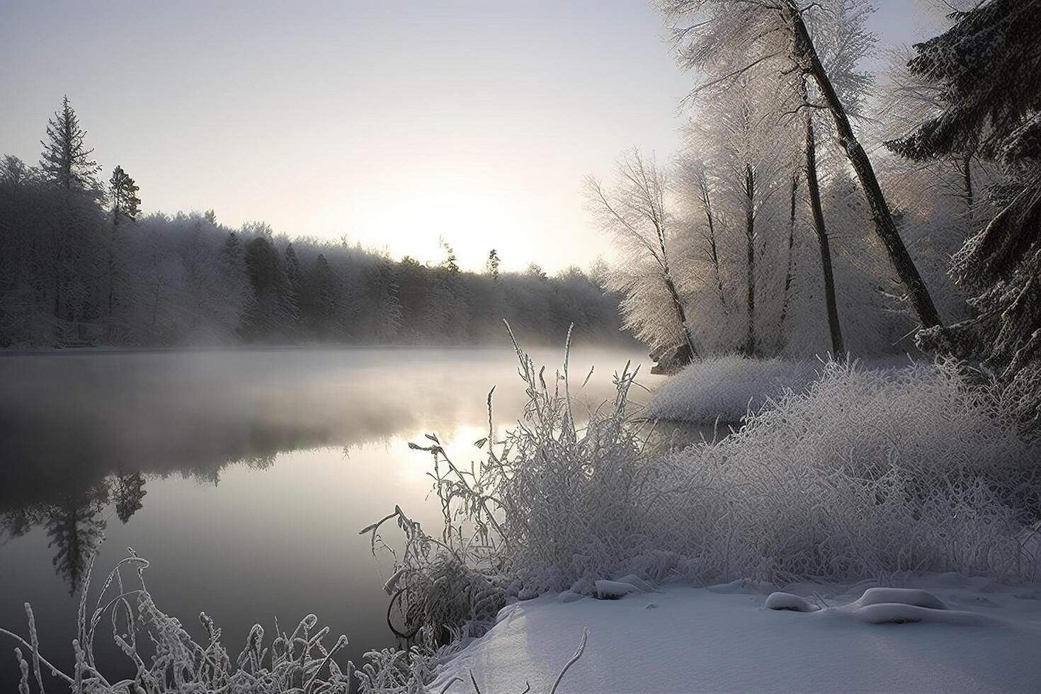 Beautiful winter landscape there are snow, spruce trees, mountain and lake in painting style. illustration photo