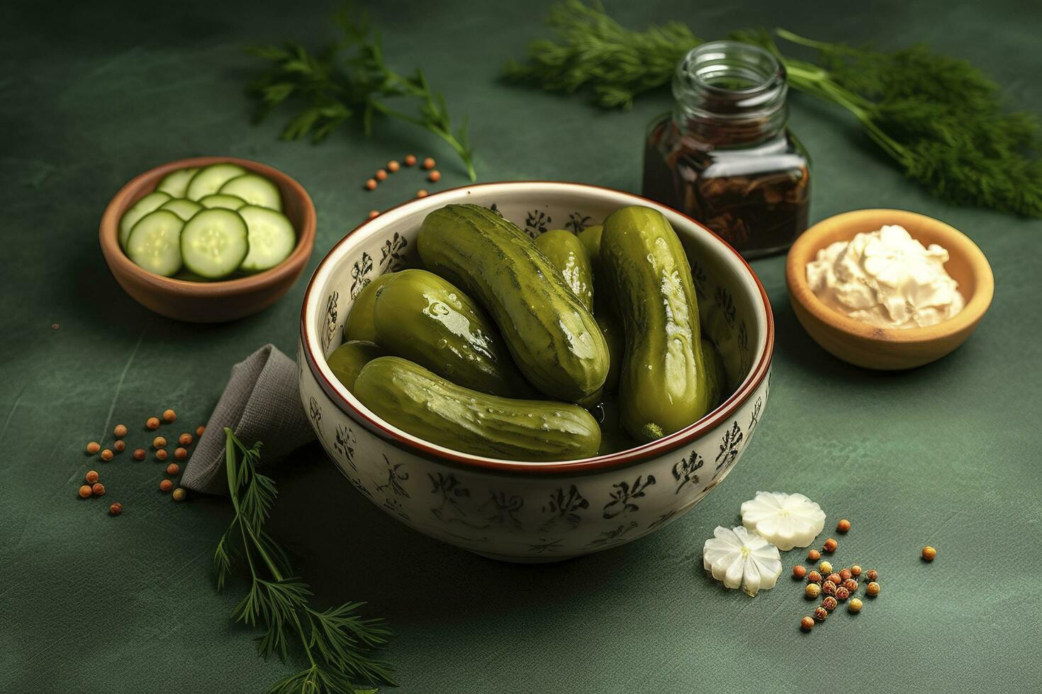 Bowl with tasty fermented cucumbers and ingredients on green background, generate ai photo