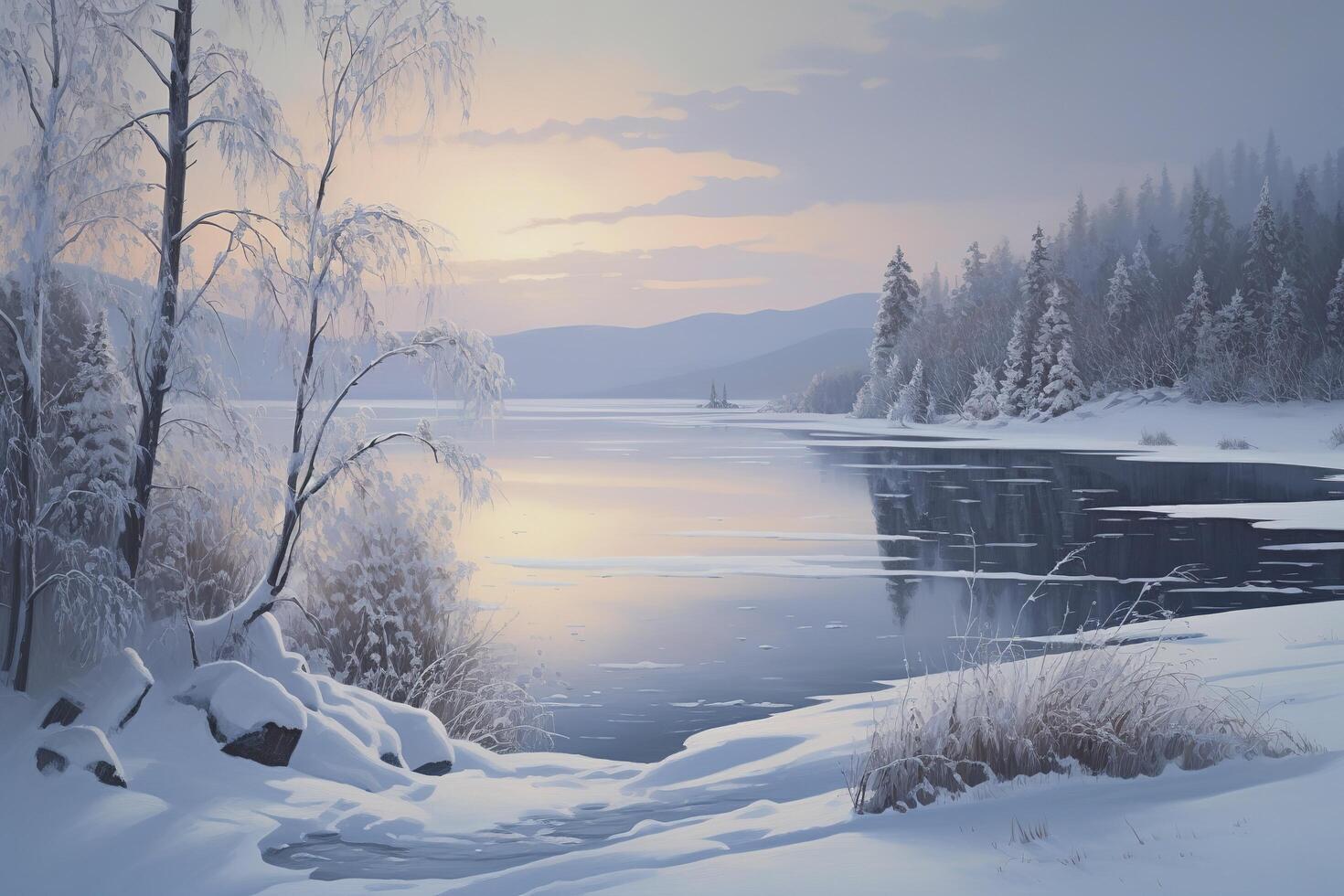 hermosa invierno paisaje allí son nieve, abeto árboles, montaña y lago en pintura estilo. generativo ai ilustración foto