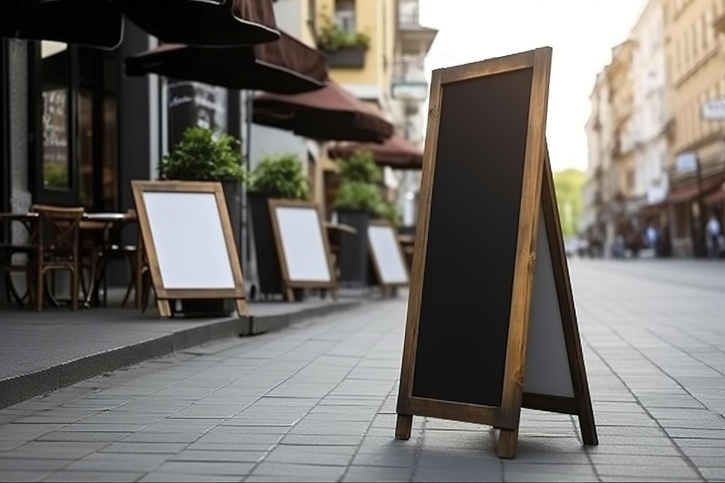 Blank restaurant shop sign or menu boards near the entrance to restaurant. Cafe menu on the street. Blackboard sign in front of a restaurant. Signboard, freestanding A-frame blackboard. . photo