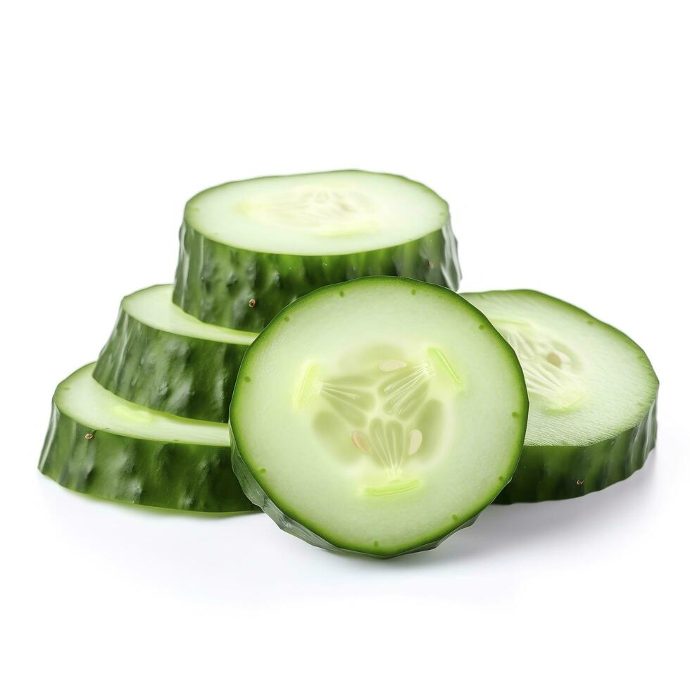 Sliced cucumber isolated on white background with clipping path and full depth of field, Top view. Flat lay, generate ai photo
