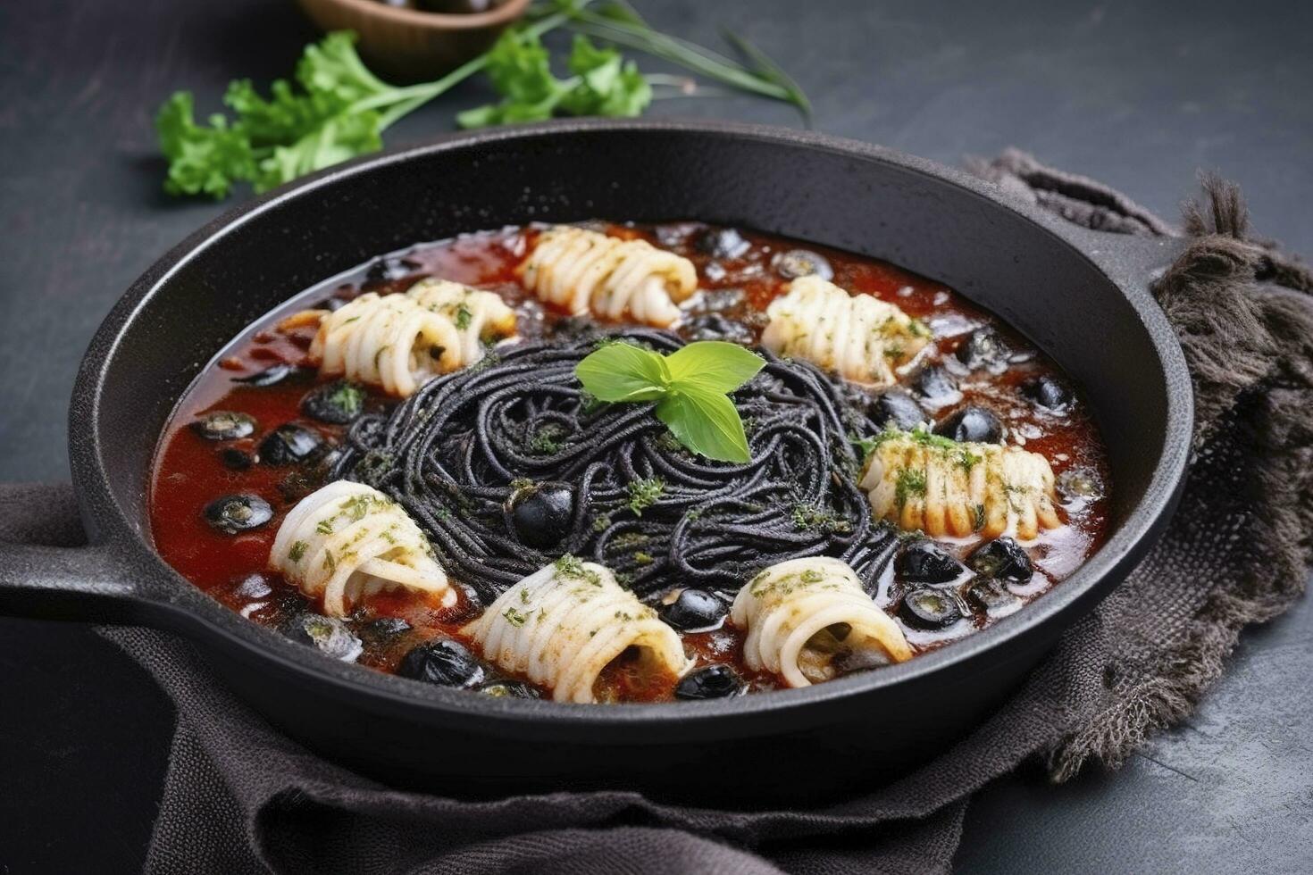 Traditional Italian spaghetti al nero di seppia with squid ink in tomato sauce served as close-up in a cast-iron pan on a wooden board, generate ai photo