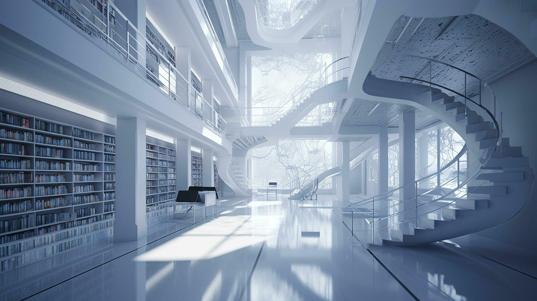 artificial intelligence white library classroom in space, a futuristic  library with a lot of books with natural light,  photorealistic 2050, generate ai photo