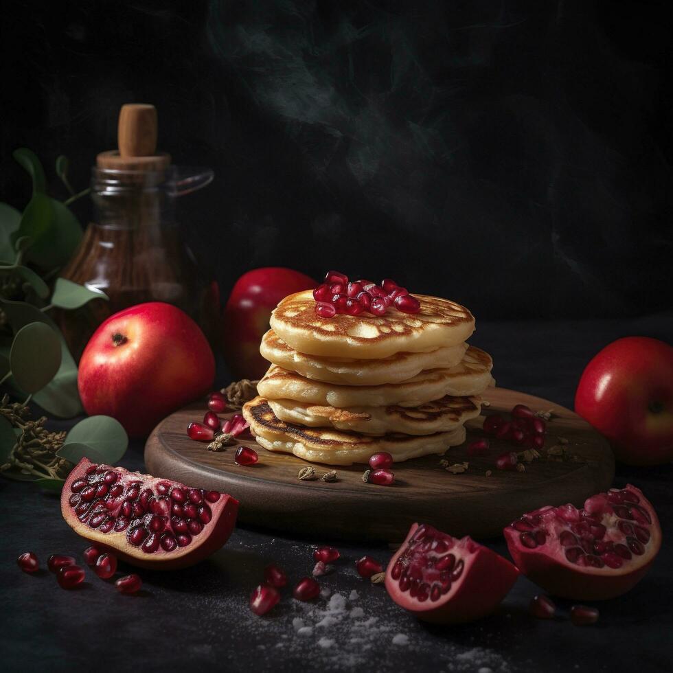 tasty gutabs hotcakes with meat and pomegranate, generate ai photo