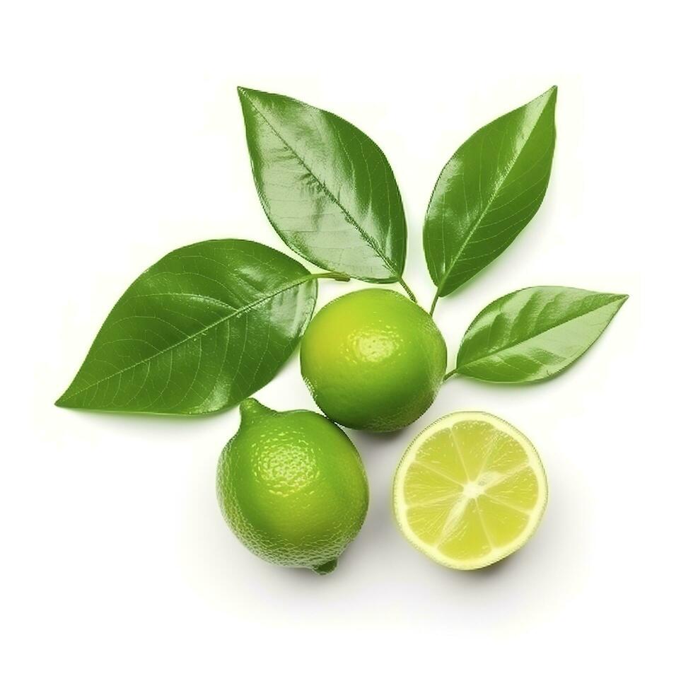 Fresh lemon with green leaves isolated on white background, generate ai photo