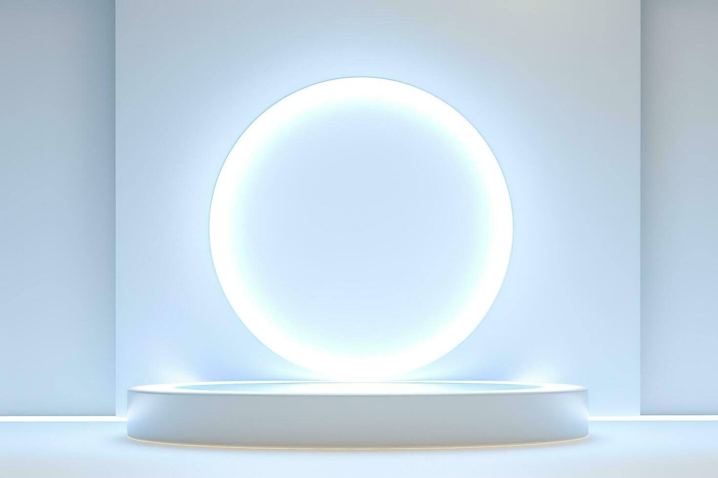 Abstract 3D silver cylinder pedestal podium floating on air with glowing neon ring background. Silver wall scene for product display presentation. rendering geometric platform, generate ai photo