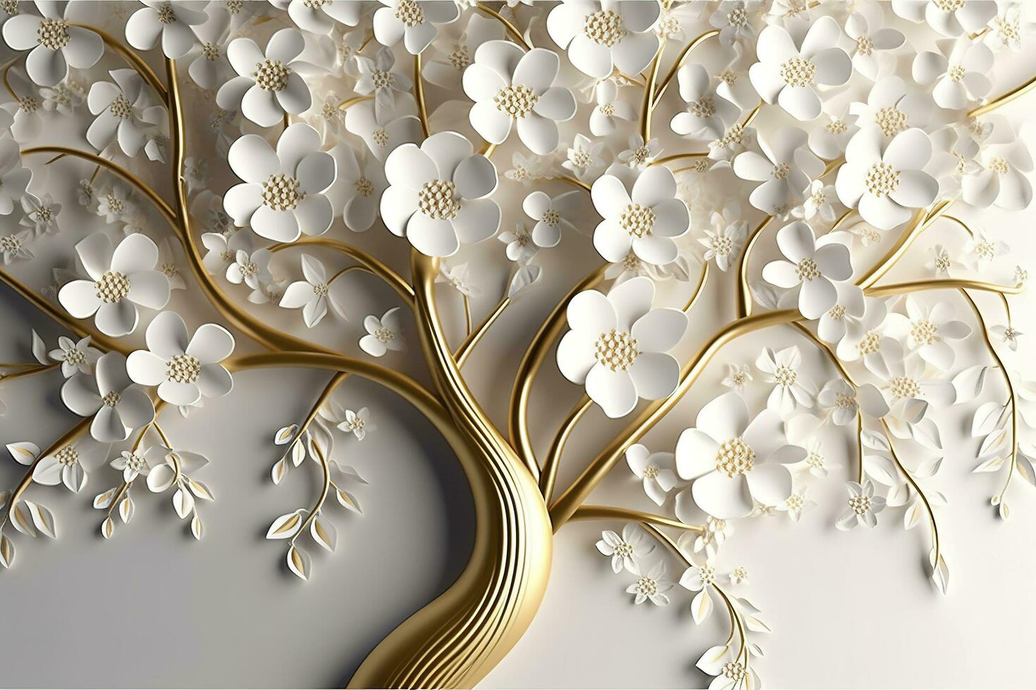 3d wallpaper floral tree background with white flower leaves and golden stem. interior wall home decor, generate ai photo