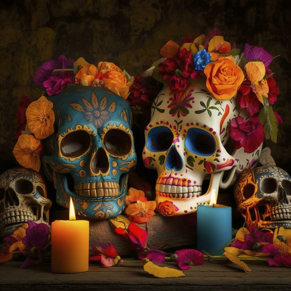 Day of the Dead skulls. Dia de los Muertos. Day of the Dead and Mexican Halloween background. Mexican tradition festival. Day of the dead sugar skull. Dia de los Muertos, generate ai photo