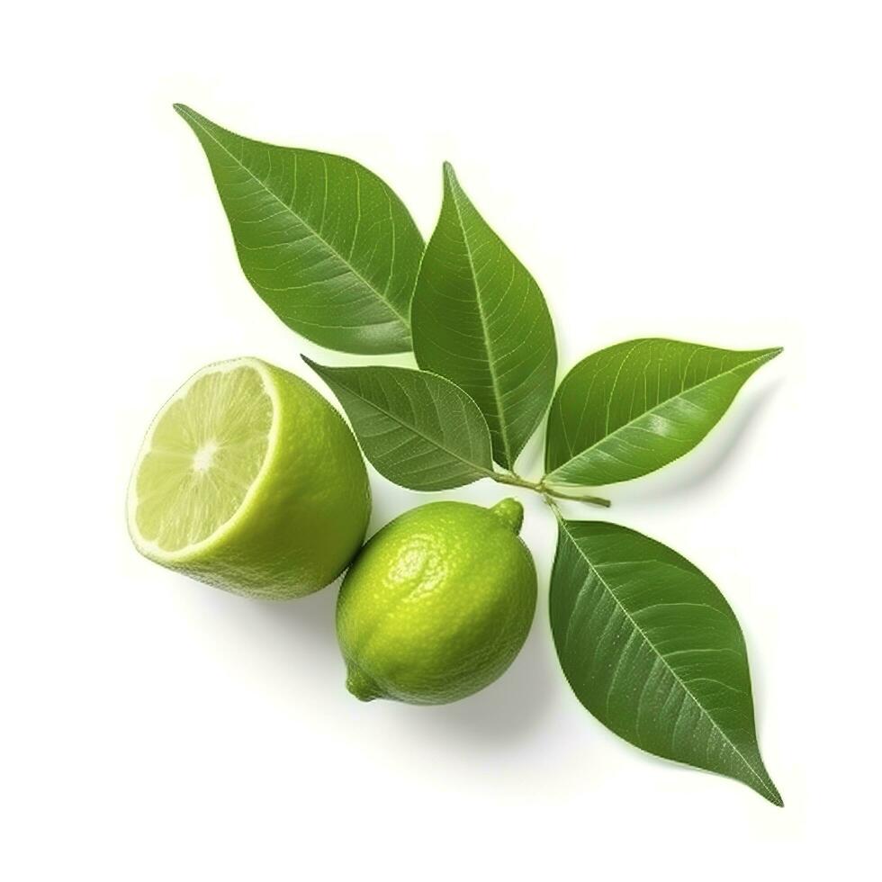 Fresh lemon with green leaves isolated on white background, generate ai photo
