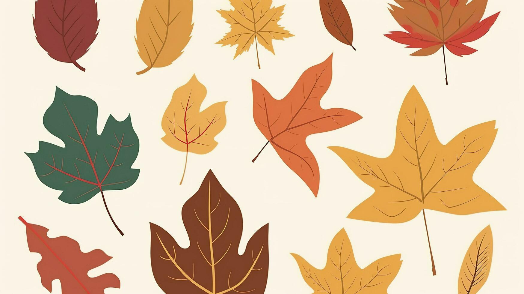 Autumn leaves set. Autumnal yellow leaf, forest nature orange leafage and september red leaves. Chestnut, dog rose and viburnum or foliage leaf. Flat isolated icons, generate ai photo