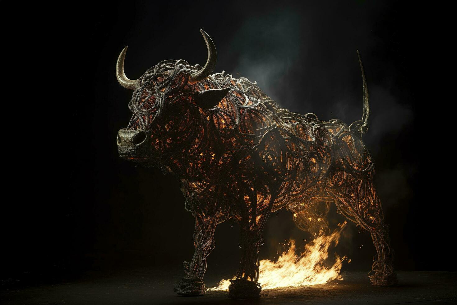 fuego escultura de un toro , generar ai foto