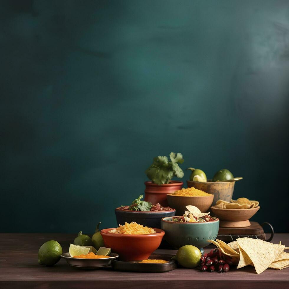 Mexican food corner border, top-down view over a dark banner background. Tacos, quesadilla, burritos and nachos. Copy space, generate ai photo