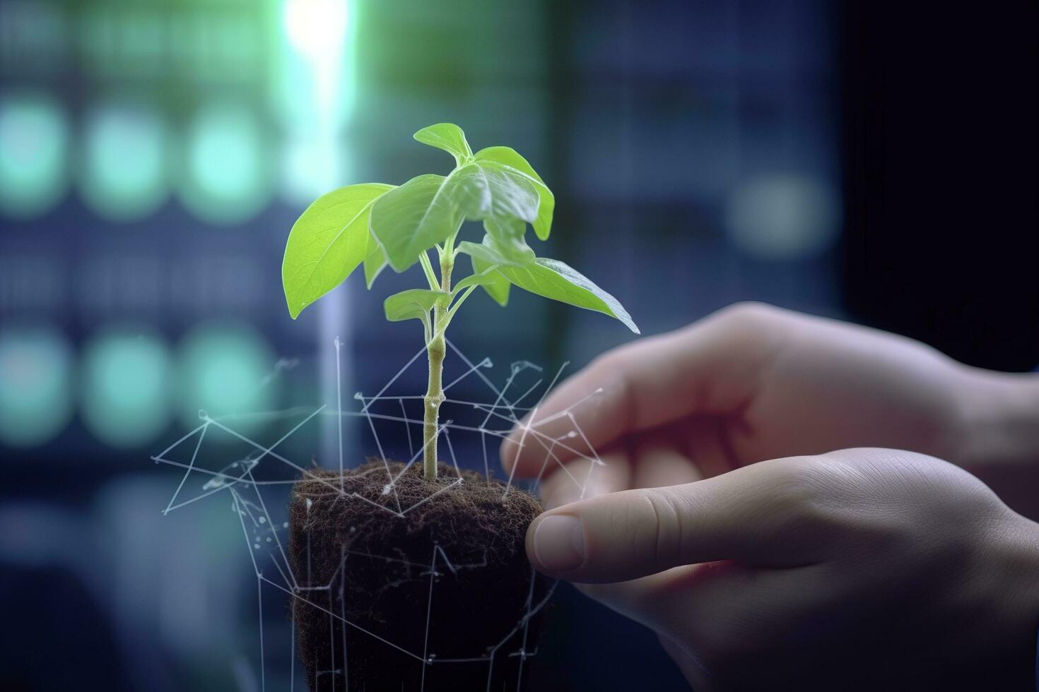 Agricultural technologies for growing plants and scientific research in the field of biology and chemistry of nature. Living green sprout in the hands of a farmer, generate ai photo