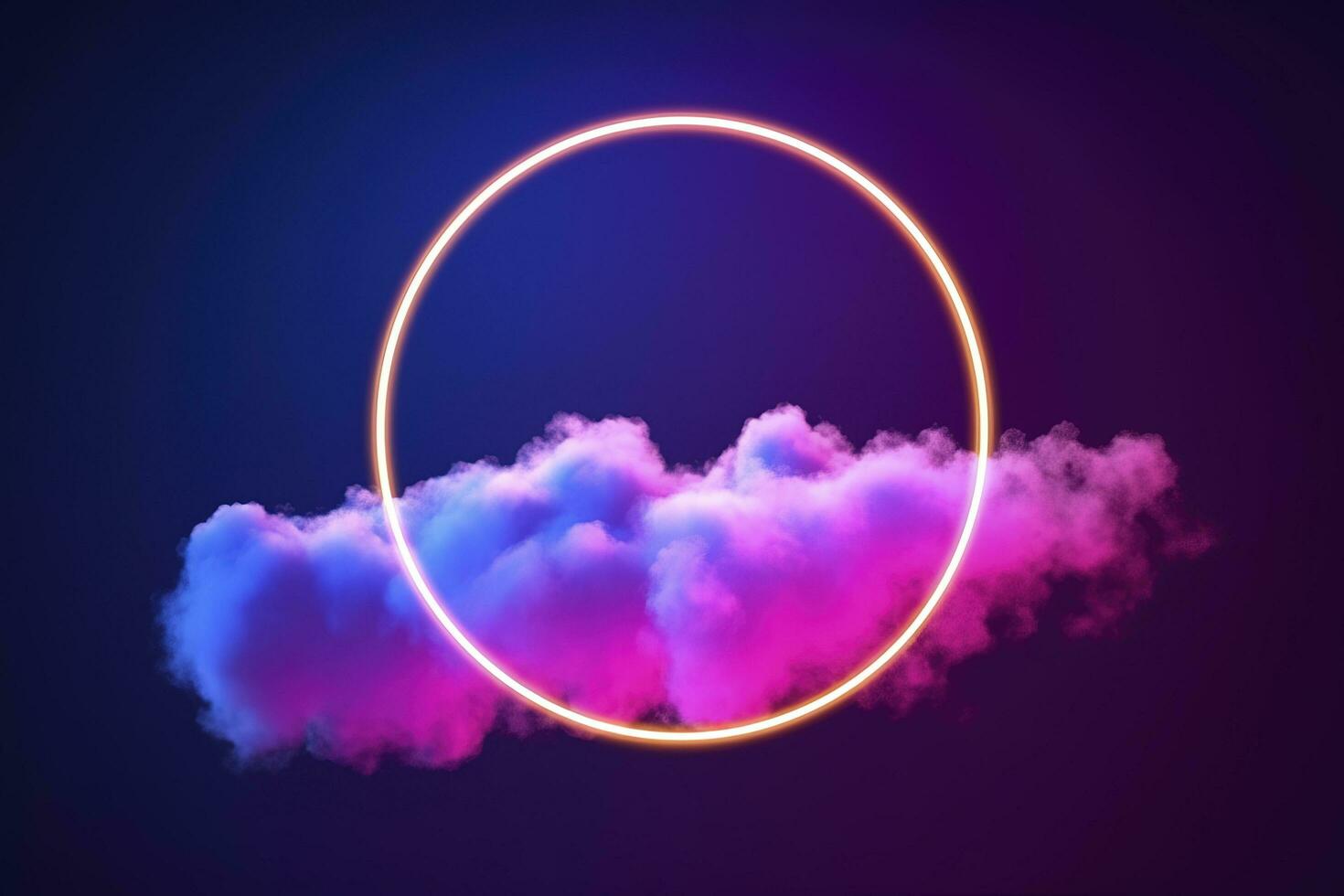 3d render, abstract cloud illuminated with neon light ring on dark night sky. Glowing geometric shape, round frame, generate ai photo