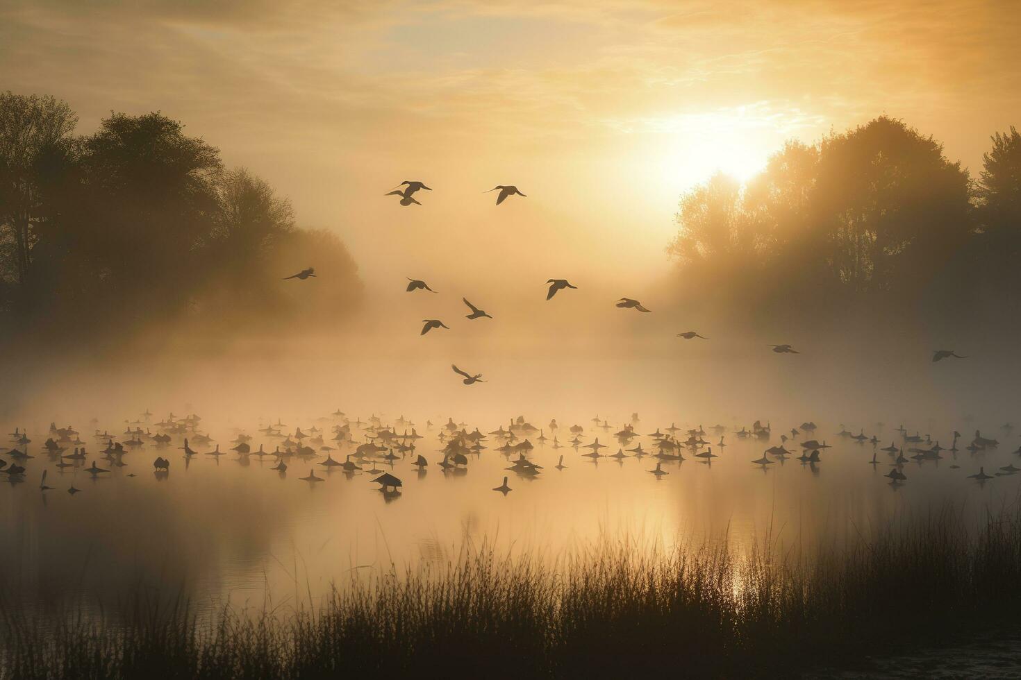 un rebaño de grúas tomando vuelo terminado un brumoso lago a amanecer, generar ai foto