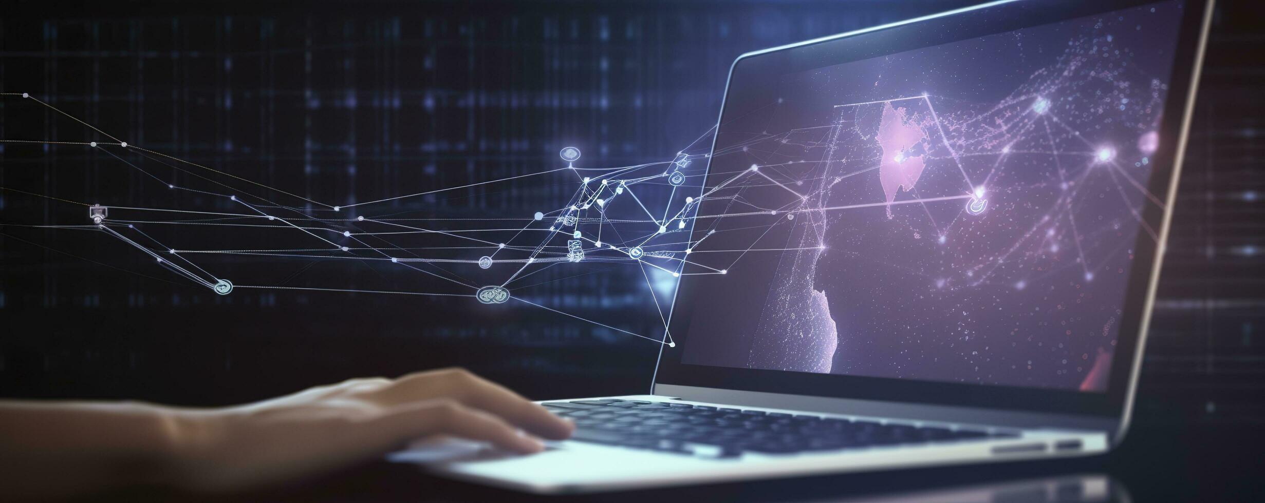 Big data technology background. Using a laptop against the background of visualization of a computer internet network, social connection, analytics, information, generate ai photo