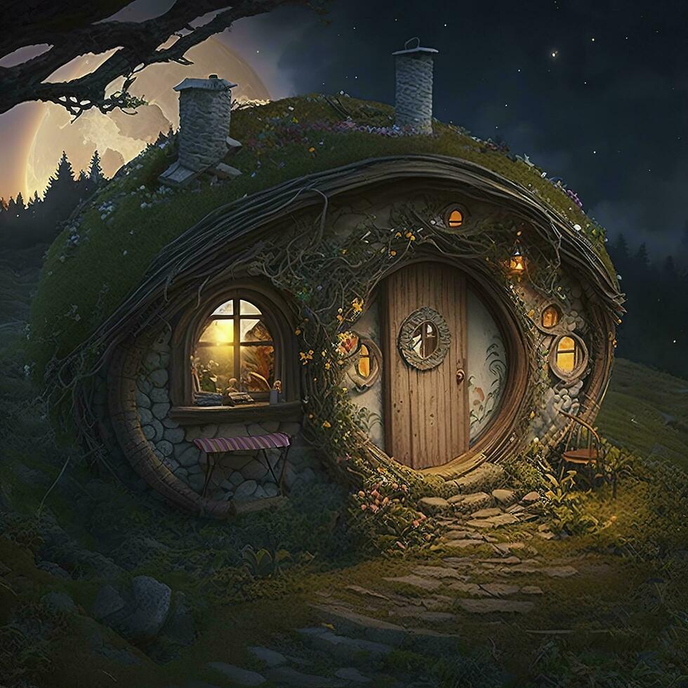 Concept art illustration of hobbit house, generate ai photo