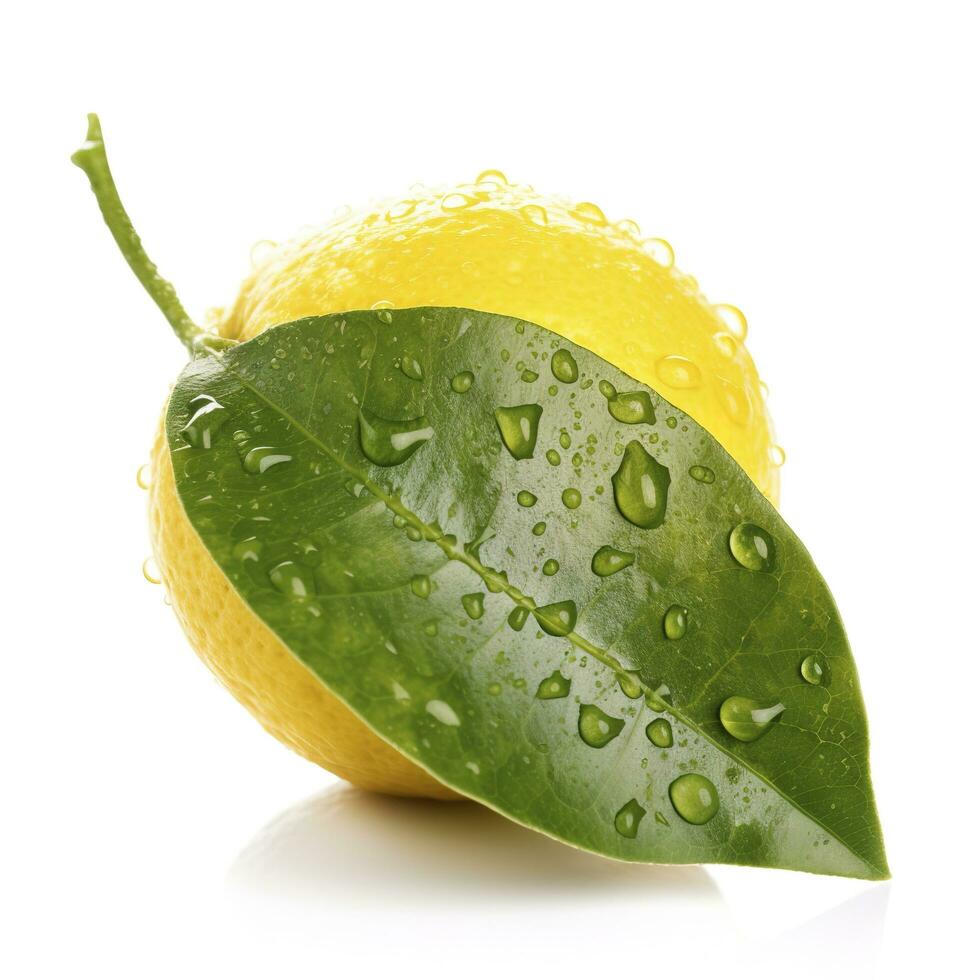 Citrus Lemon leaf with water drops isolated on white background, generate ai photo