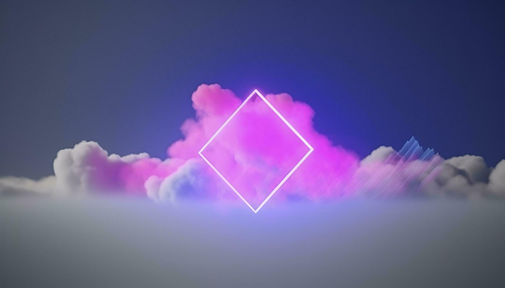 3d render, abstract minimal background with pink blue yellow neon light square frame with copy space, illuminated stormy clouds, glowing geometric shape, generate ai photo