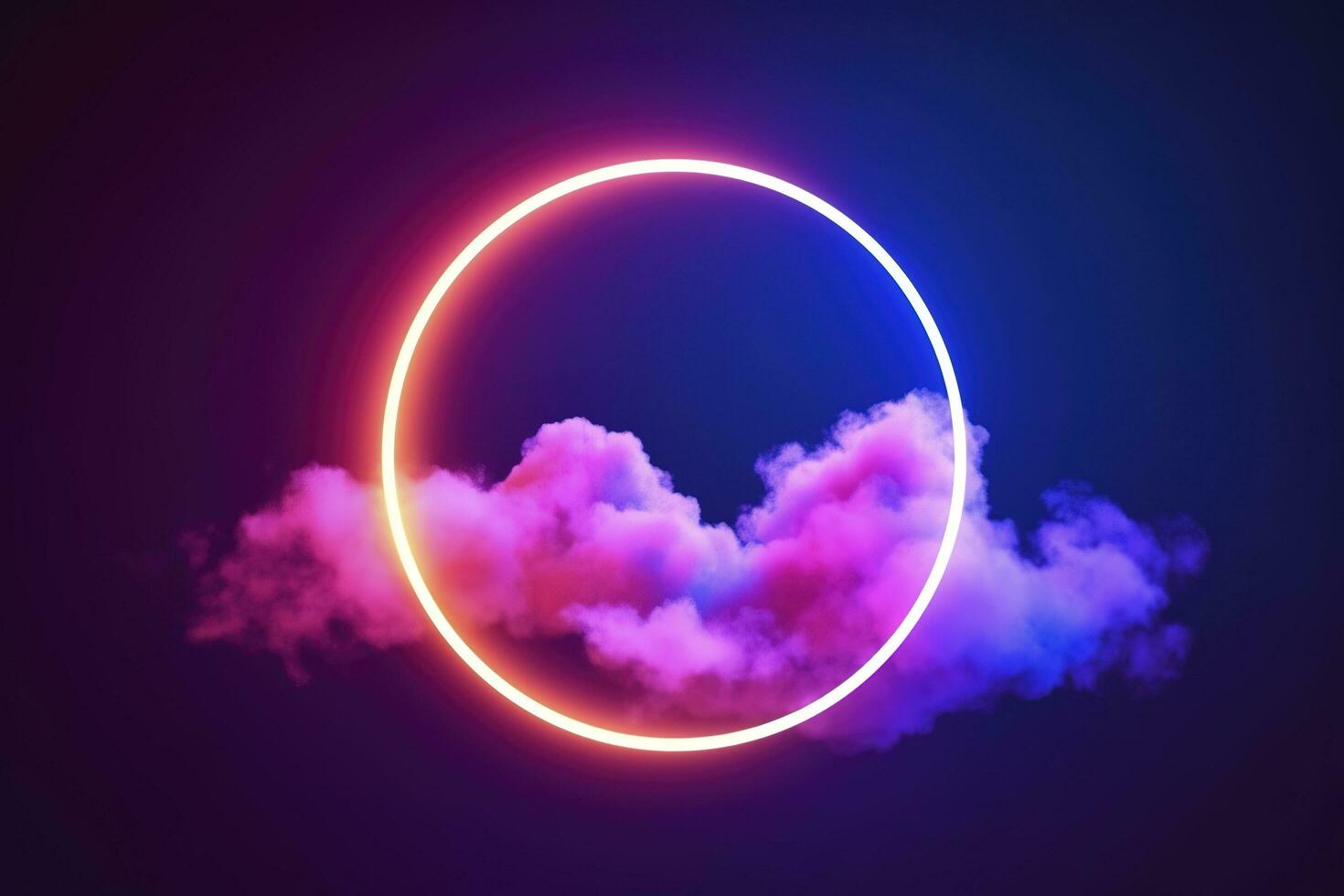 3d render, abstract cloud illuminated with neon light ring on dark night sky. Glowing geometric shape, round frame, generate ai photo