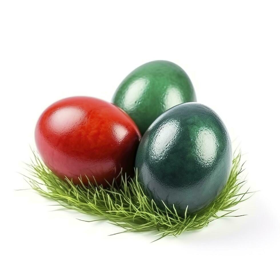 Easter eggs in green grass isolated on white background, generate ai photo