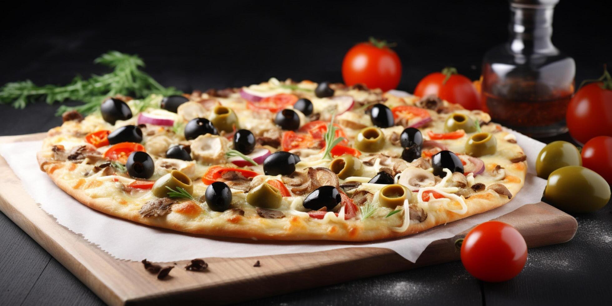 A pizza with tomatoes and olives photo