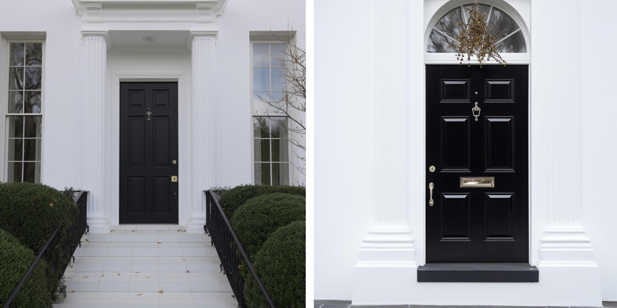 White house with a black roof and small tree photo