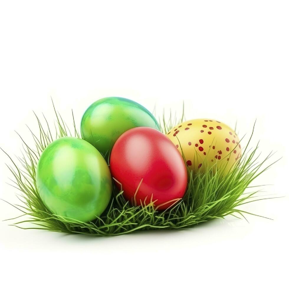 Easter eggs in green grass isolated on white background, generate ai photo