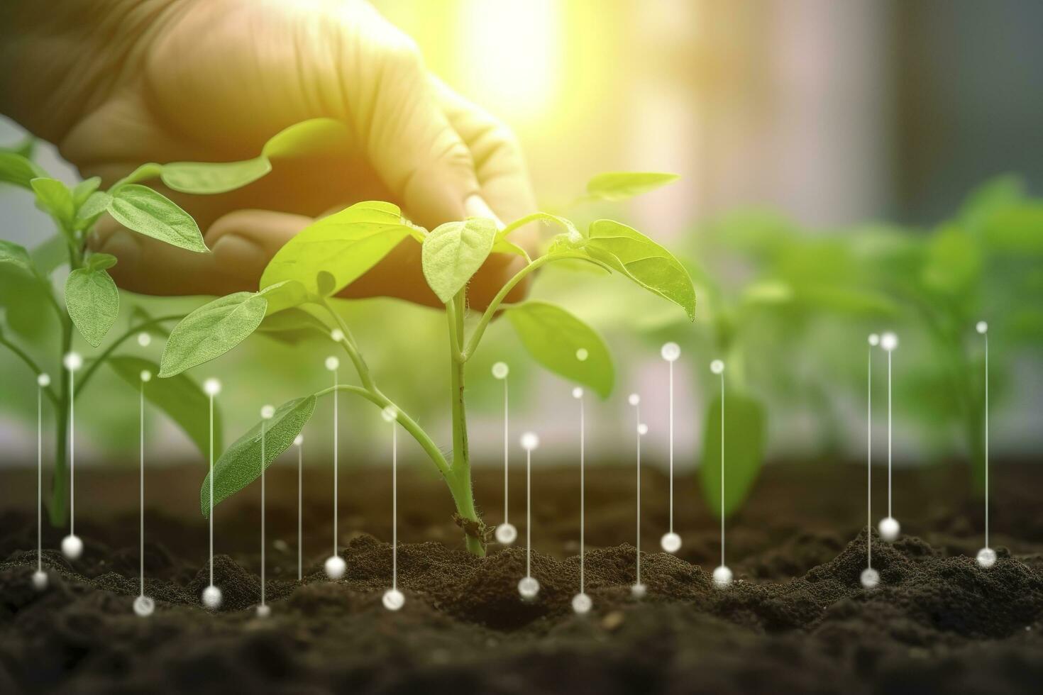 Agricultural technologies for growing plants and scientific research in the field of biology and chemistry of nature. Living green sprout in the hands of a farmer, generate ai photo