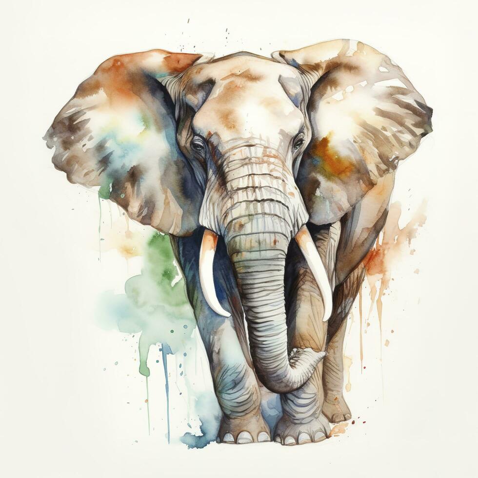 A elephant  watercolor painting, beautiful natural forms, crisp clean shapes, colorful, white background, generate ai photo