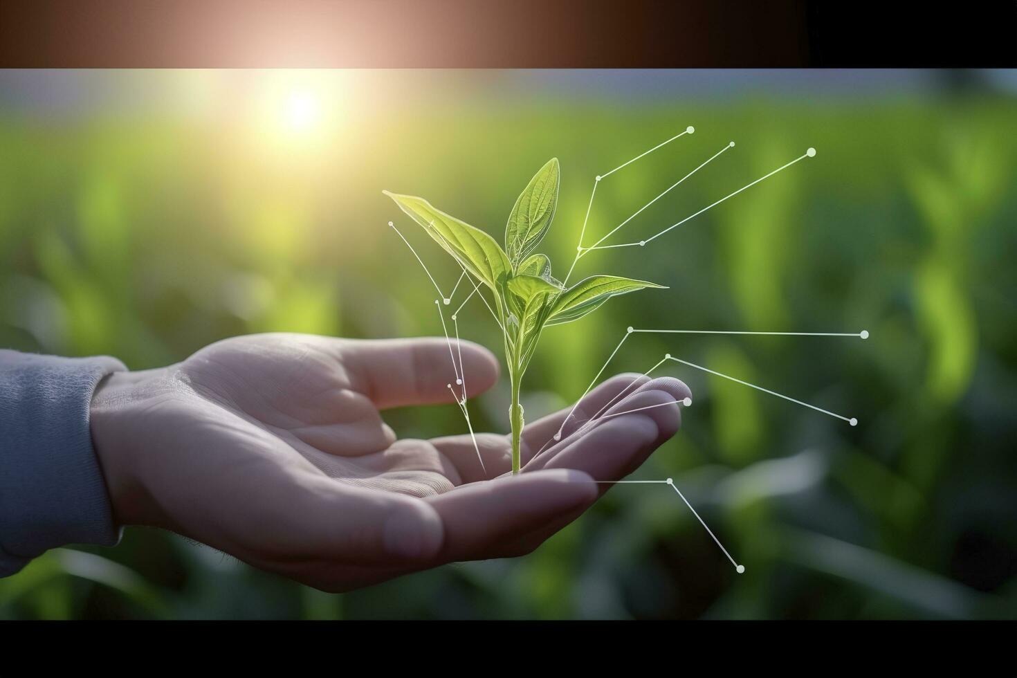 Agricultural technologies for growing plants and scientific research in the field of biology and chemistry of nature. Living green sprout in the hands of a farmer, generate ai photo