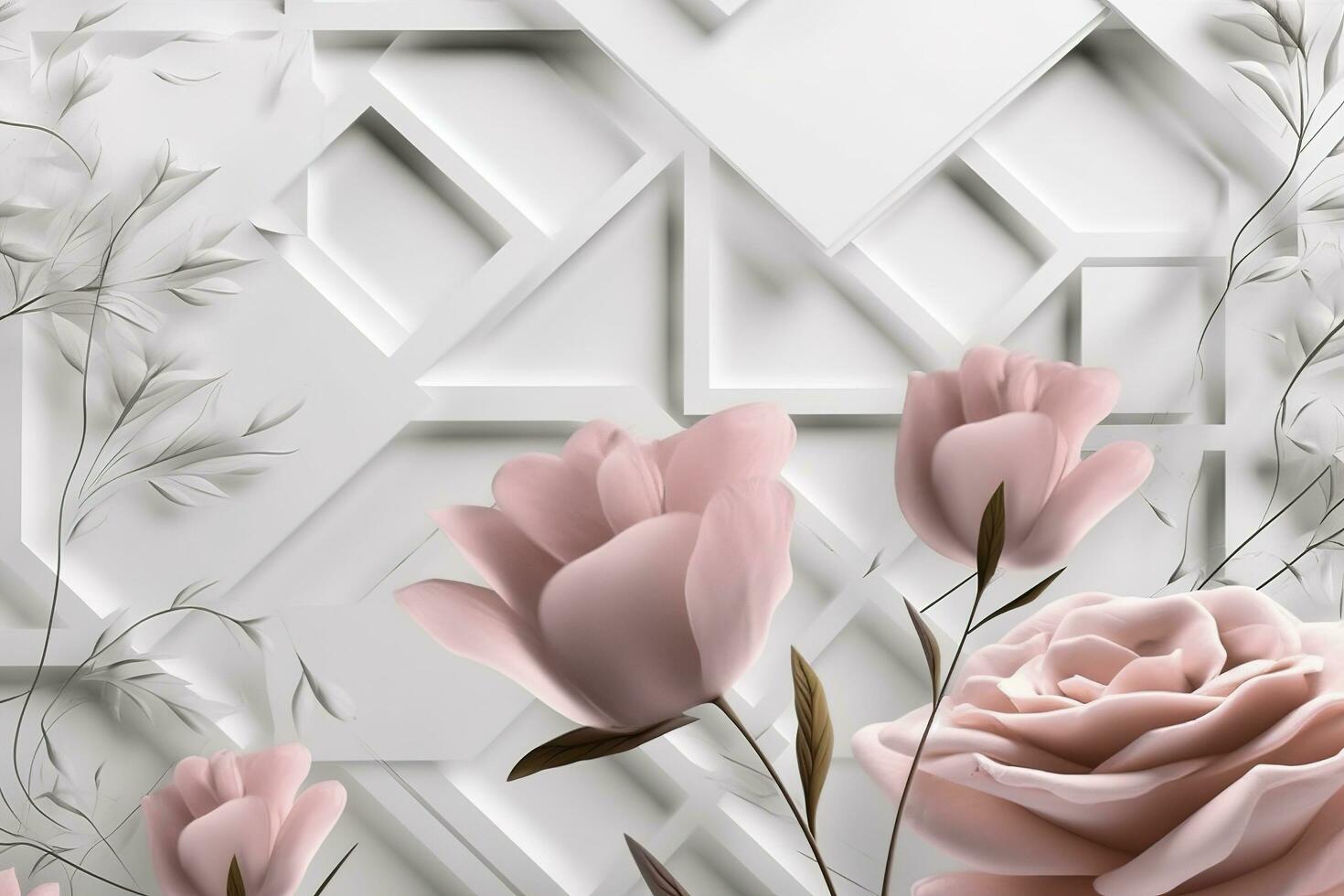 3d classic wallpaper. rose flowers on a light gray background with squares and wavy shapes. for wall home decor, generate ai photo