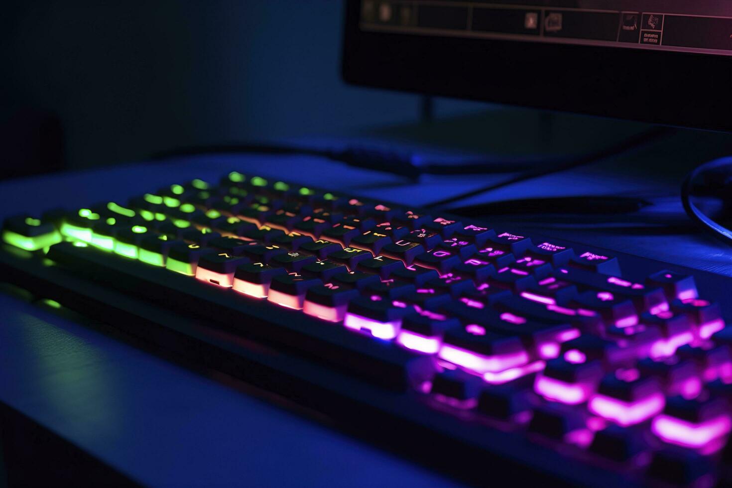 Working on a neon computer keyboard with colored backlighting. Computer video games, hacking, technology, internet concept. Selected focus, generate ai photo