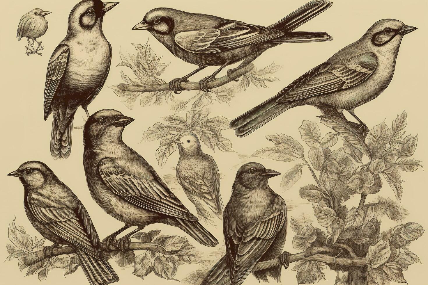 Engraved vintage set of birds elements , generate ai photo