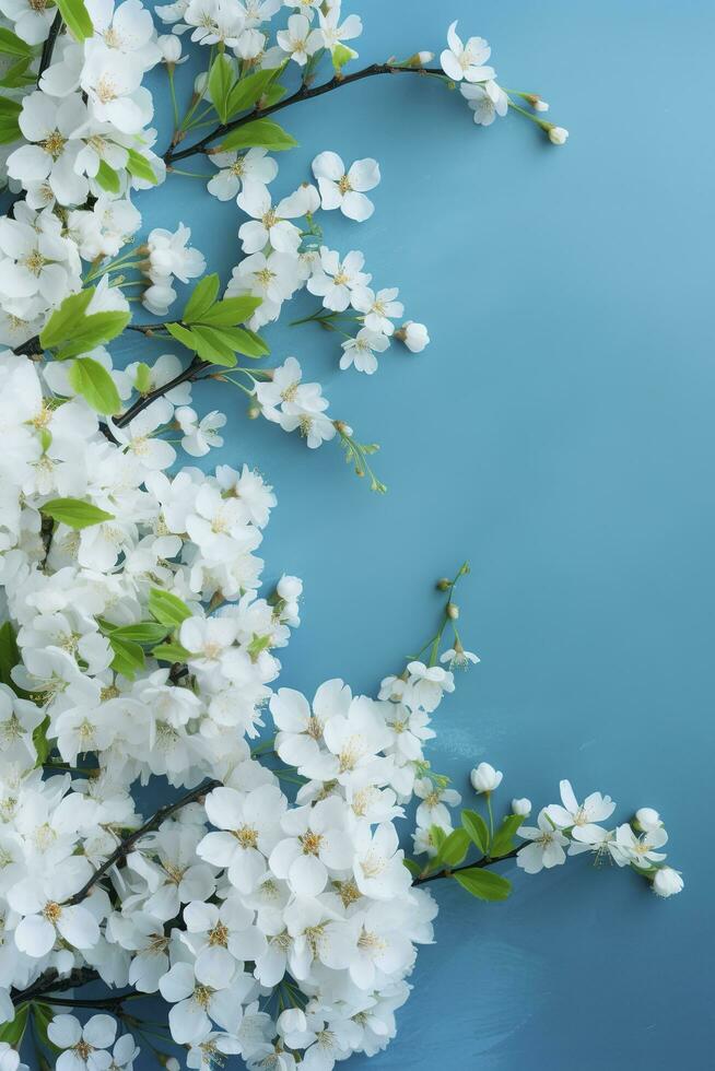 Beautiful spring border, blooming rose bush on a blue background. Flowering rose hips against the blue sky. Soft selective focus , generate ai photo