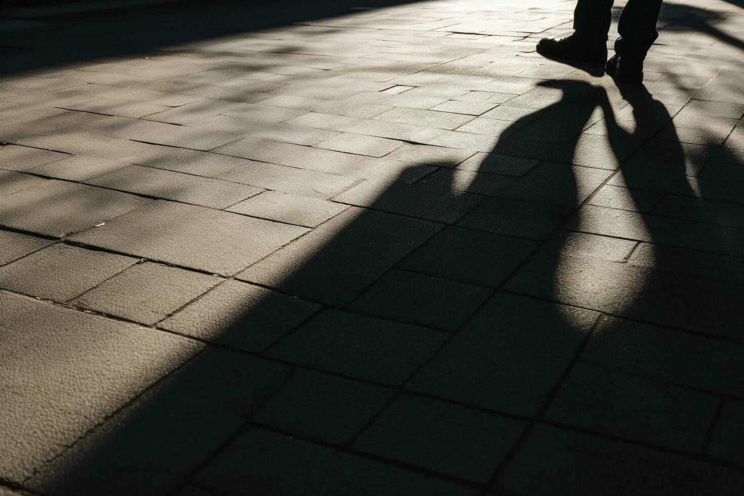 oscuro sombra de un solitario persona en el suelo en el calle. desconocido con un cigarrillo. ansiedad, depresión, soledad, temor concepto, generar ai foto