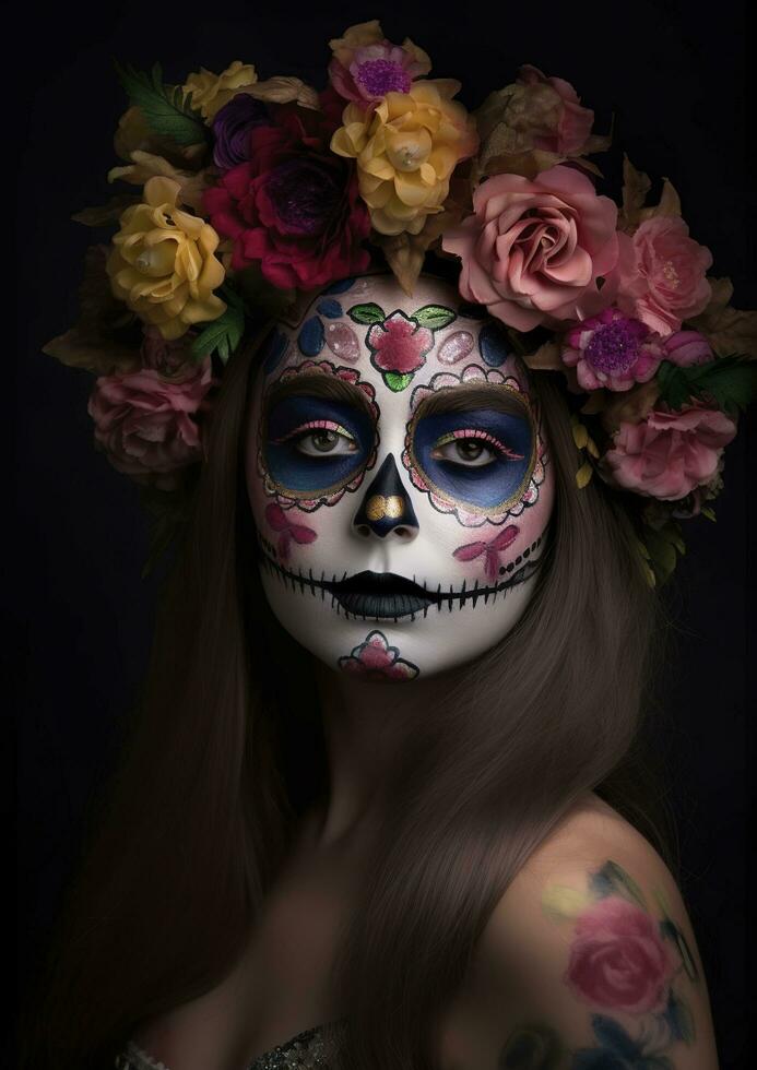 día de el muerto calaveras dia Delaware los muertos. día de el muerto y mexicano Víspera de Todos los Santos antecedentes. mexicano tradicion festival. día de el muerto azúcar cráneo. dia Delaware los muertos, generar ai foto