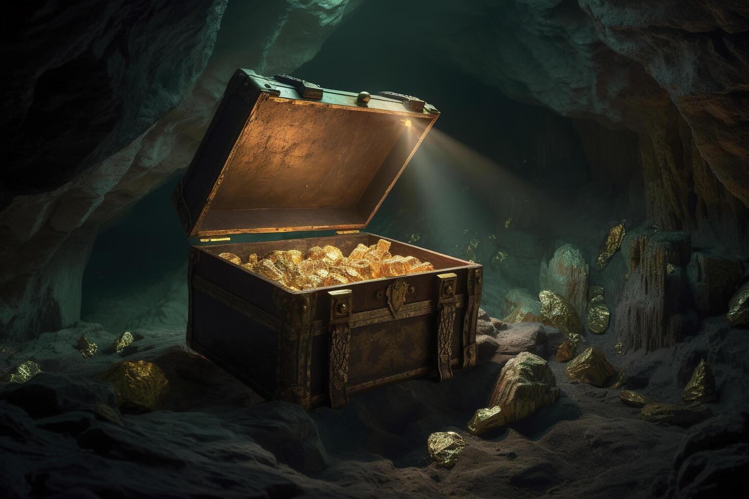 illustration of pirates treasure chest in cave photo